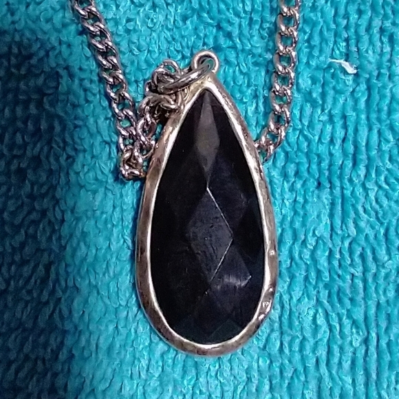 Elegant Black Goldtone Faceted Pendant Chain Necklace long vintage teardrop - Picture 4 of 4